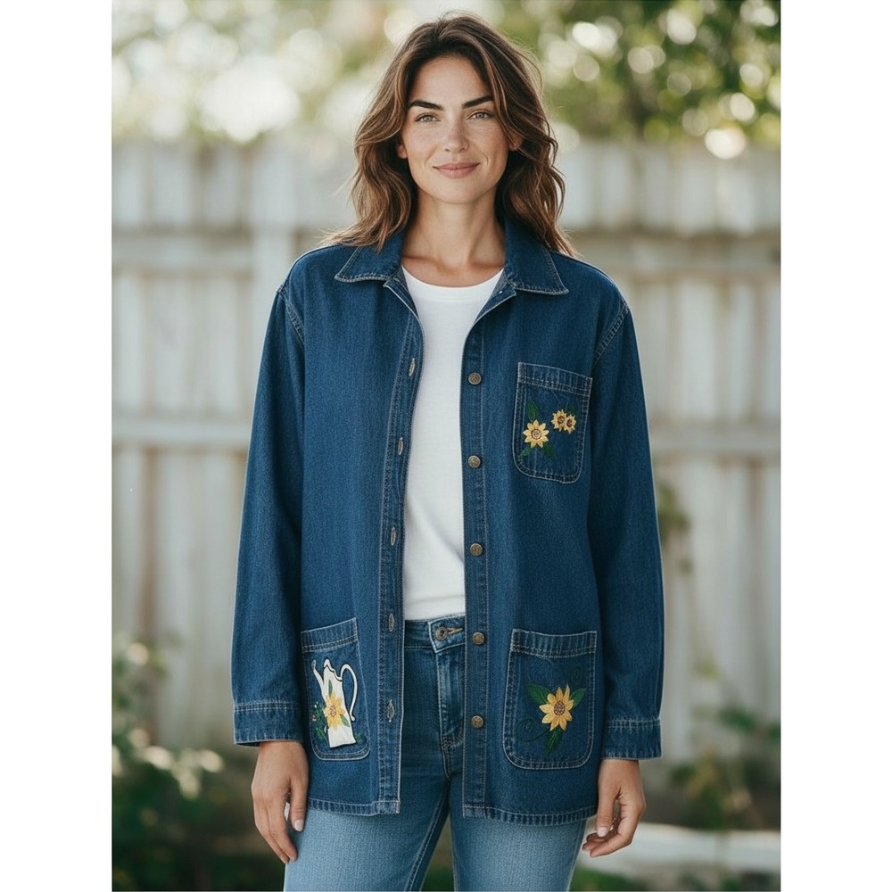 Vintage Denim Shirt Barn Jacket Chore Coat M Sunflower Embroidered Cottage